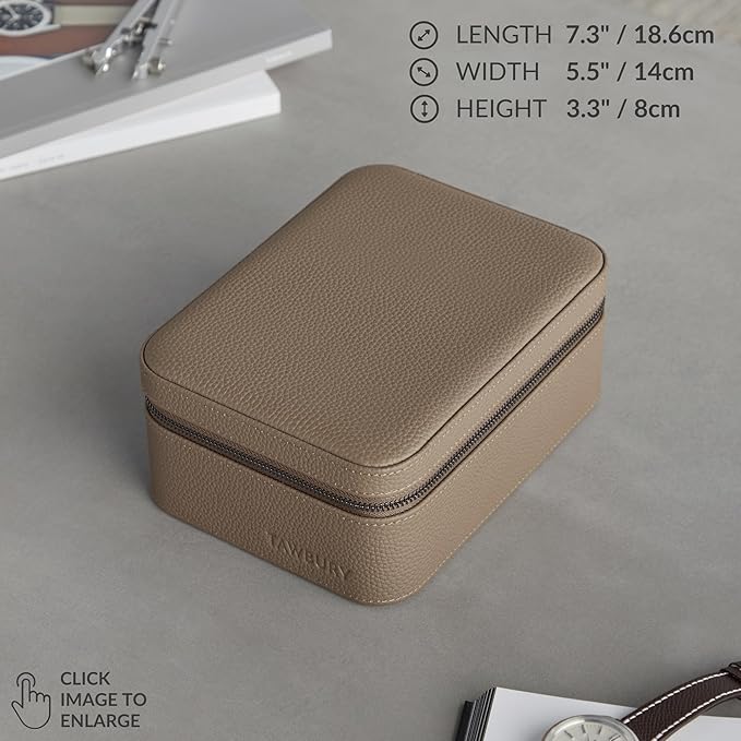 TAWBURY Watch Case - 4 Slot Genuine Top-Grain Leather Watch Box for Men & Women with Extra Wide Pillows for Large Watches - Portable Wristwatch Storage for Home & Travel (Taupe)