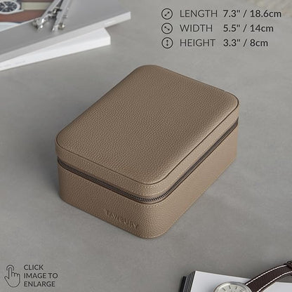 TAWBURY Watch Case - 4 Slot Genuine Top-Grain Leather Watch Box for Men & Women with Extra Wide Pillows for Large Watches - Portable Wristwatch Storage for Home & Travel (Taupe)