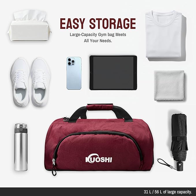 56L Gym Bag Sports Duffle Bag with Shoe Compartment & Wet Pocket, Carry-on Luggage Bag with Quick-Access Pouch, Weekender Overnight Travel Bag for Men & Women