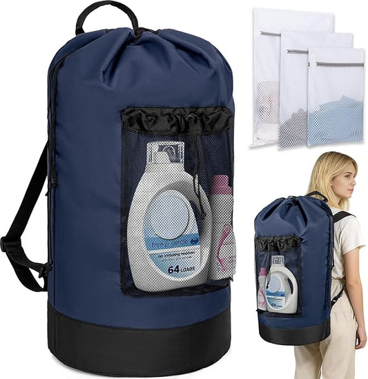 Laundry Bag Backpack with 3 Sizes Mesh Wash Bags and Shoulder Straps Foldable Clothes Hamper Bag with Drawstring Closure for College, Apartment, Laundromat (Dark Blue)