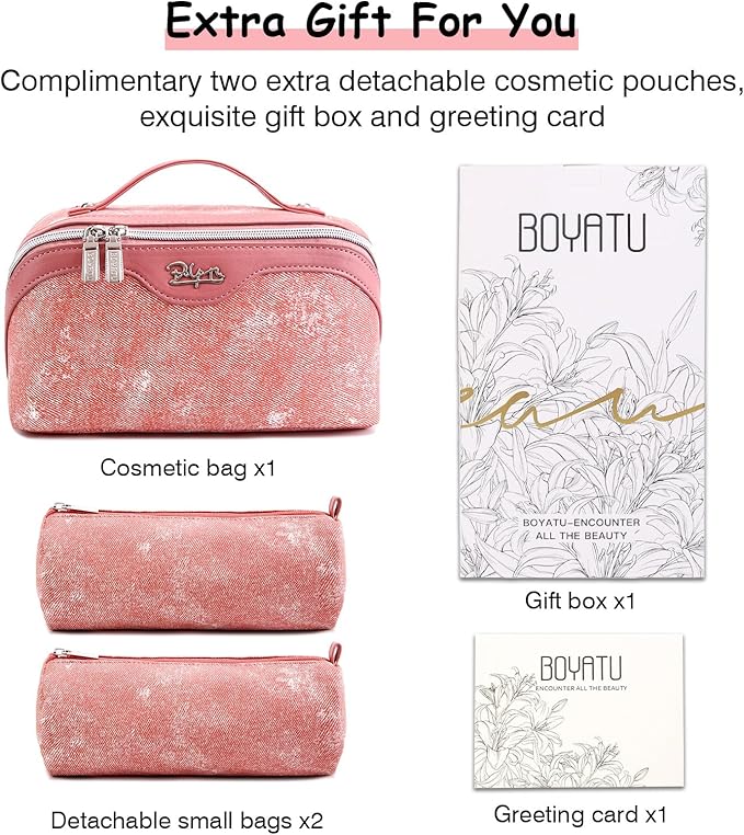 BOYATU Travel Makeup Bag Cosmetic Bags for Women: 3 Sets Large Capacity Make up Bag - Portable Toiletry Bags with Handle for Women(F-5-Rosy Red)