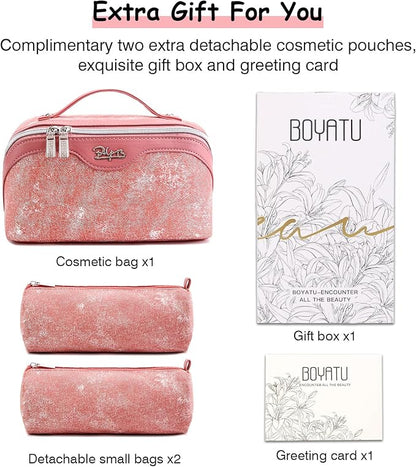 BOYATU Travel Makeup Bag Cosmetic Bags for Women: 3 Sets Large Capacity Make up Bag - Portable Toiletry Bags with Handle for Women(F-5-Rosy Red)