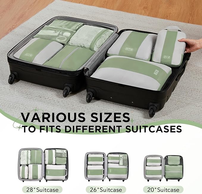 8 Set Compression Packing Cubes for Travel Essentials,Compressible Expandable Packing Cubes for Suitcase,OlarHike Luggage Organizer Bags for Travel,Handy Helper for Organizing Clothes(Matcha Green)
