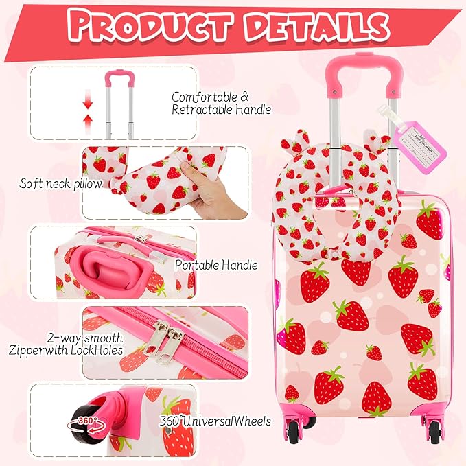 Sanwuta 4 Pcs Kids Luggage Set Backpack Travel Rolling Suitcase U-shape Pillow Christmas Children Gift for Girls Boys(17 Inch,Strawberry Style,Light Pink)