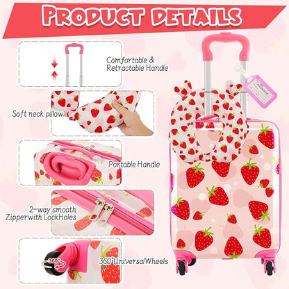 Sanwuta 4 Pcs Kids Luggage Set Backpack Travel Rolling Suitcase U-shape Pillow Christmas Children Gift for Girls Boys(17 Inch,Strawberry Style,Light Pink)