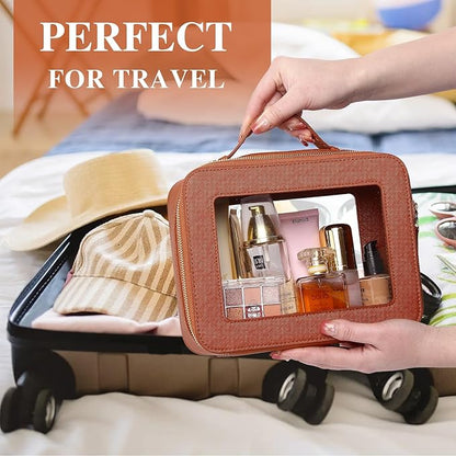 Pinkmik Clear Makeup Bag with Brush Bag 3pcs Waterproof Travel Case for Cosmetics and Toiletries Women's Makeup Organizer with Zipper (X/Brown, L+M+SLIM)