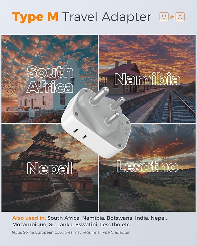 South Africa Plug Adapter 2 Pack, TESSAN Type M Adapter for South Africa with 4 Outlets 3 USB (2 USB-C), Type M Adaptor for US to Namibia Botswana India Nepal Mozambique Sri Lanka