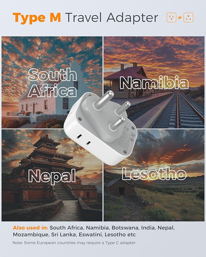 South Africa Plug Adapter 2 Pack, TESSAN Type M Adapter for South Africa with 4 Outlets 3 USB (2 USB-C), Type M Adaptor for US to Namibia Botswana India Nepal Mozambique Sri Lanka