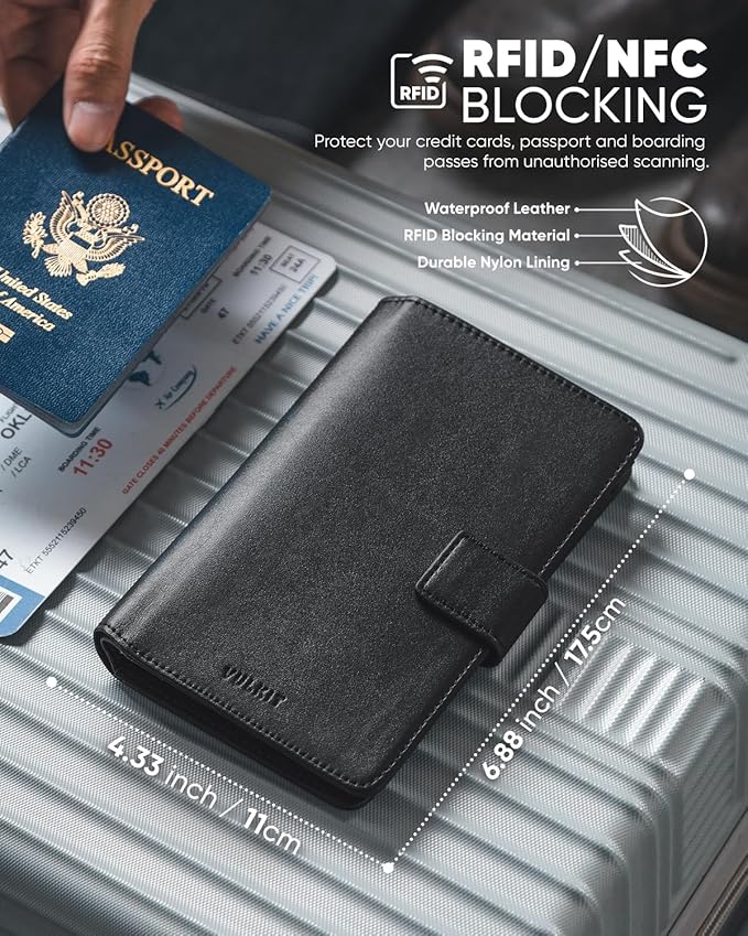 VULKIT Passport Holder with Airtag Holder RFID Blocking Passport Wallet Travel Leather Passport for Women(Iron Black)