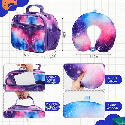 Redbaker 6 Pcs Kids Luggage Set 17 Inch Kids Rolling Luggage Double Pattern Suitcase for Girls Boys School Gift(Blue Purple,17 Inch,Starry Sky Style)