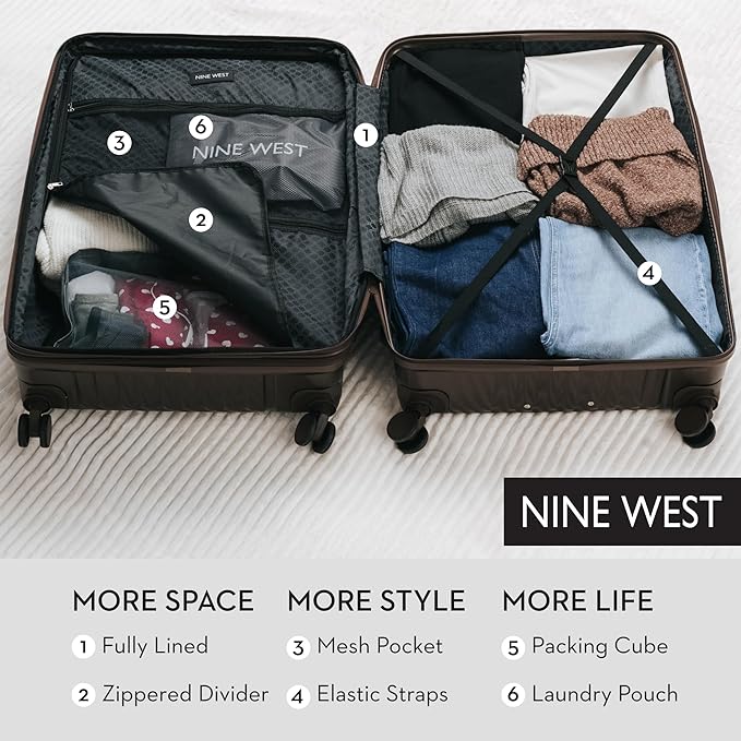 Nine West Zion 32 Inch Expandable Luggage for Extended Trips & Cruises, Large Hardshell Suitcase with 360° Spinner Wheels, Lightweight Rolling Travel Case Chocolate Martini