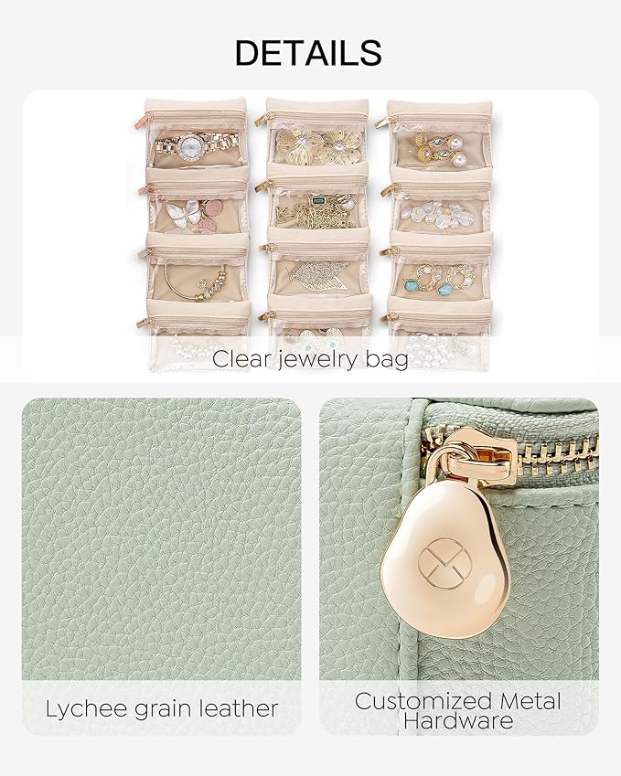 Vlando Jewelry Organizer with 12 Velvet Jewelry Bags Travel Jewelry Case for Girls Premium Petal Hardware Jewelry Box Necklace Rings Earrings Bags Birthday Christmas Gifts for Self-Mint Green