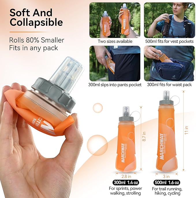 MARCHWAY Soft Hydration Flask with Wide Mouth, 300ml/500ml Collapsible TPU Water Bottle, Leakproof Portable Flexible for Running, Hiking, Cycling, Climbing, Gym, Travel (2pcs Orange 500ml)
