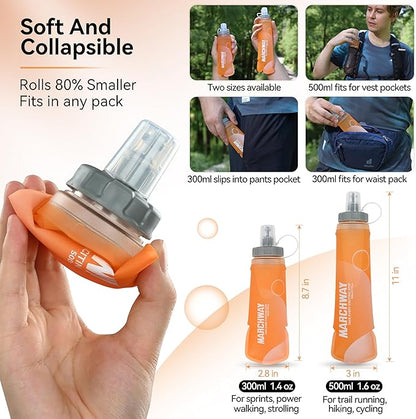 MARCHWAY Soft Hydration Flask with Wide Mouth, 300ml/500ml Collapsible TPU Water Bottle, Leakproof Portable Flexible for Running, Hiking, Cycling, Climbing, Gym, Travel (2pcs Orange 500ml)