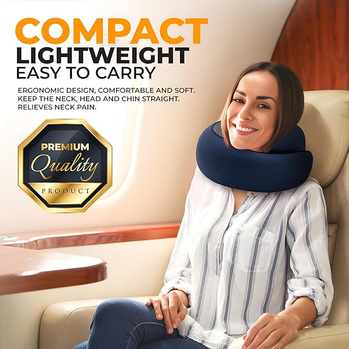 EdgeVoy™ Travel Neck Pillow, Memory Foam Travel Pillow for Airplanes, 360º Ergonomic Design, Asymmetrical Sides, Washable Modal Cover, Ideal for Travel, Car Rides, & Home Use (Navy Blue)