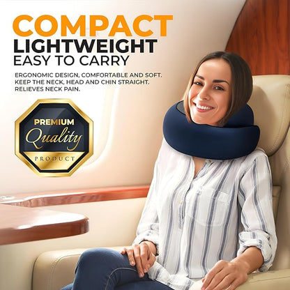 EdgeVoy™ Travel Neck Pillow, Memory Foam Travel Pillow for Airplanes, 360º Ergonomic Design, Asymmetrical Sides, Washable Modal Cover, Ideal for Travel, Car Rides, & Home Use (Navy Blue)
