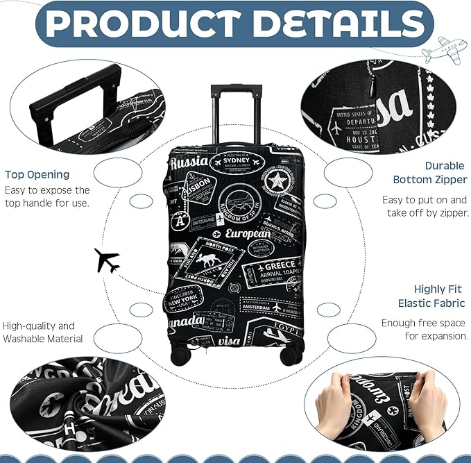Sherr 3 Pieces Travel Luggage Cover Suitcase Protector Anti Scratch Suitcase Washable Baggage Covers(S/medium/l,Vintage Theme,Black White)