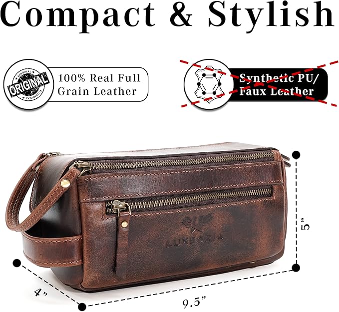 LUXEORIA Genuine Leather Toiletry Bags for Men and Women, Handmade Premium Leather Dopp Kit and Shaving Bag, Cosmetic Bag for Womens and Mens, Travel Essentials & Organizers