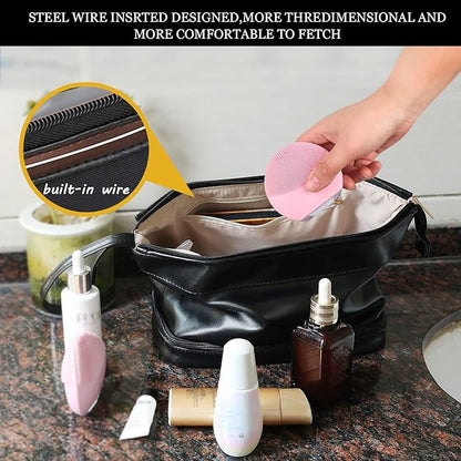 Abiudeng Large Capacity Makeup Bag Ladies Cosmetic Bag Travel Bag with Compartments Portable PU Leather Travel Makeup Bag with Handle