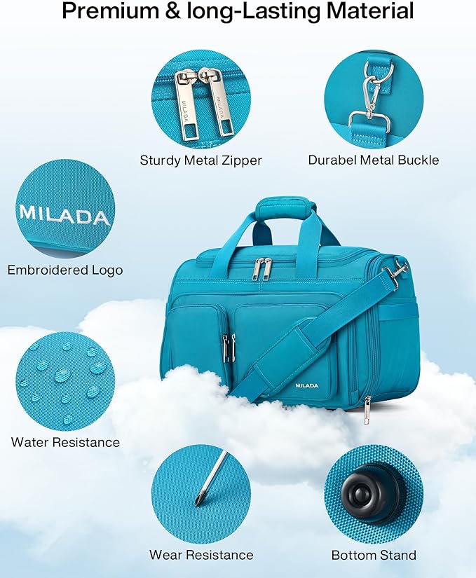MILADA Underseat Carry On Luggage Bags for Travel Lightweight Foldable Carry On Bags for Airplanes Small Duffle Bag for Men Women Personal Weekend Overnight Travel Tote Bags, Caribbean Blue