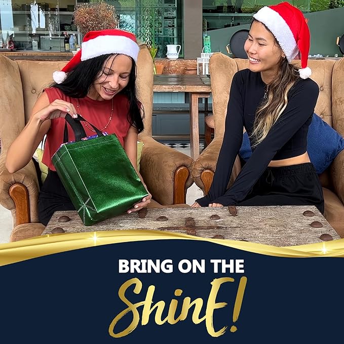 Nush Nush Set of 30 Shiny Green Gift Bags Bulk - Medium Size Reusable Gift Bags with Handles - Ideal for Adults and Kids Birthday Party Favors, Christmas, Weddings, Baby Shower Goodies - 8Wx4Dx10H