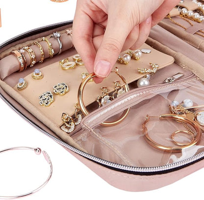 BELALIFE Travel Jewelry Organizer, Portable Storage Case for Earrings, Rings, Necklaces, Bracelets, Pink