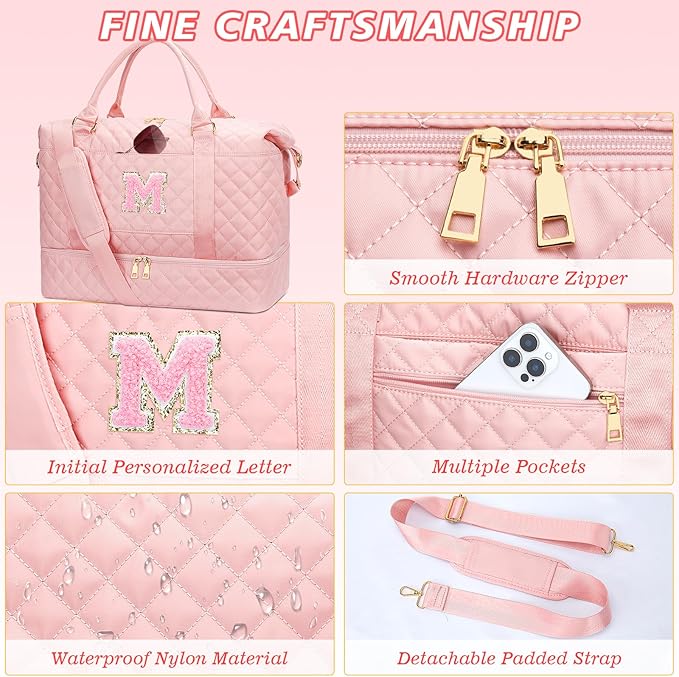 Gifts for Women Girls Initial Travel Duffle Bag Quilted Weekender Carry-On Overnight with Cosmetic Bag, Gym Bag with Shoe Compartment, Pink M