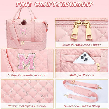 Gifts for Women Girls Initial Travel Duffle Bag Quilted Weekender Carry-On Overnight with Cosmetic Bag, Gym Bag with Shoe Compartment, Pink M