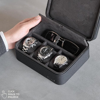 TAWBURY 3 Slot Watch Case Plus Storage – Luxury Leather Watch Travel Case for Men | Black Watch Cases for Men Travel | Traveling Watch Holder for Men | Black Watch Roll Case | 3 Watch Box for Men