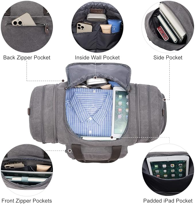 Sucipi Canvas Travel Duffel Bag for Men, Weekend Overnight Bag with Shoe Compartment and Toiletry Bag, Carry-On for Airplanes, Graphite Grey