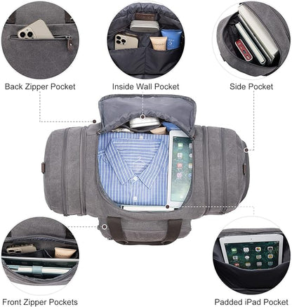Sucipi Canvas Travel Duffel Bag for Men, Weekend Overnight Bag with Shoe Compartment and Toiletry Bag, Carry-On for Airplanes, Graphite Grey