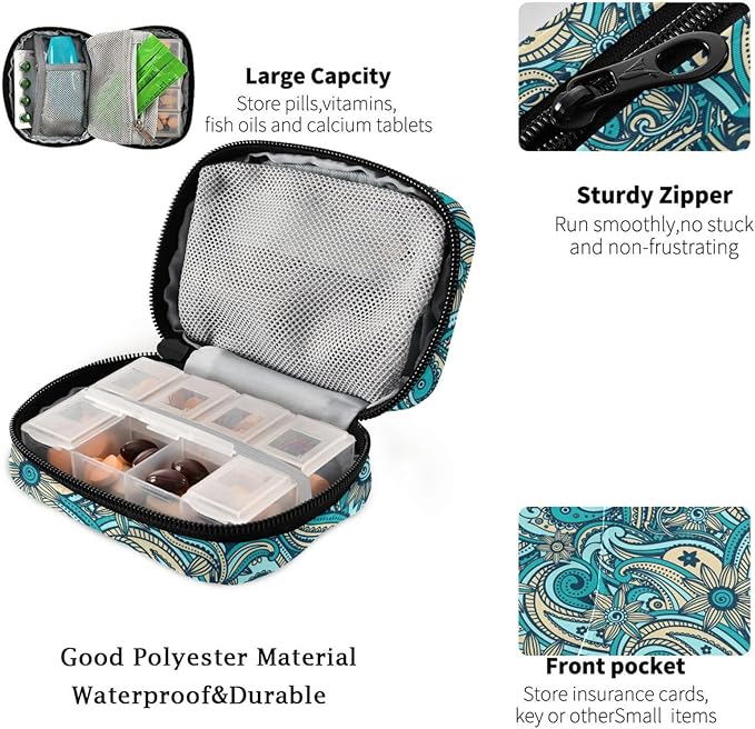 Fustylead Beautiful Vintage Paisley Pill Organizer Travel Portable Zipper Cloth Bag for Holding Weekly Supplements Vitamins and Fish Oils