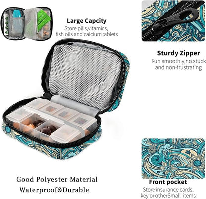 Fustylead Beautiful Vintage Paisley Pill Organizer Travel Portable Zipper Cloth Bag for Holding Weekly Supplements Vitamins and Fish Oils