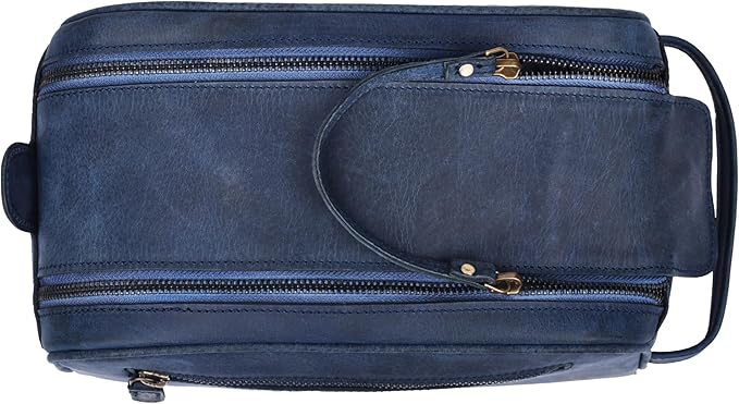 LEATHER VILLAGE Premium Leather Toiletry Travel Pouch With Waterproof Lining - Blue | King-Size Handcrafted Vintage Dopp Kit Bag, Shaving & Bathroom Organizer, Gift for Men & Women