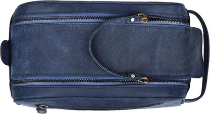 LEATHER VILLAGE Premium Leather Toiletry Travel Pouch With Waterproof Lining - Blue | King-Size Handcrafted Vintage Dopp Kit Bag, Shaving & Bathroom Organizer, Gift for Men & Women