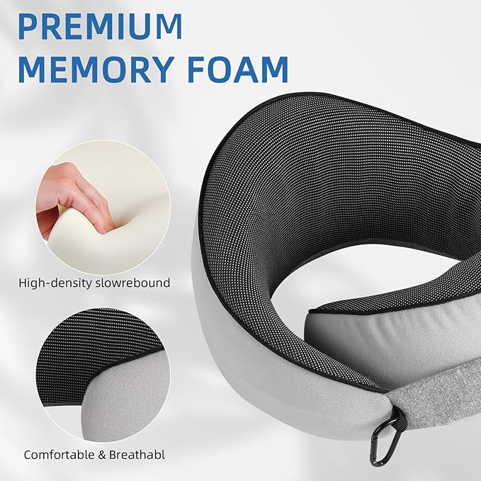 Travel Pillow, Memory Foam Neck Pillow Airplane for Long Flights, Portable Plane Cars Sleeping Travel Accessories with Eye Masks Earplugs (Black)