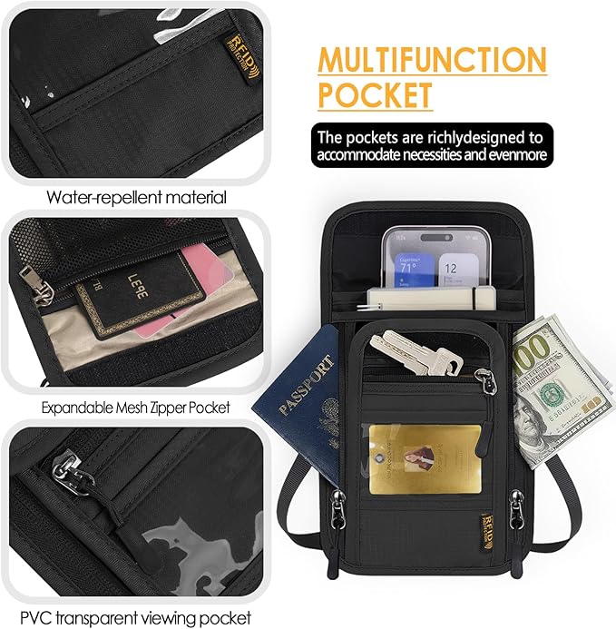 Travel Neck Wallet RFID Blocking – Hidden Passport Holder & Anti-Theft Money Pouch for Men & Women, Lightweight Concealed Undergarment Organizer with Adjustable Strap, Secure Document Holder