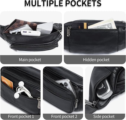 Genuine Leather Fanny Pack/Waist Bag/Organizer with Adjustable Belt, Multiple Pockets For Men and Women