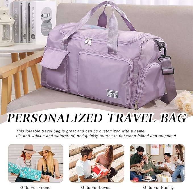 Personalized Duffel Bag Custom Sport Gym Travel Bags Embroidered Name Text Customized Dry Wet Separated Weekend Waterproof Bag for Women Men (B-Purple)
