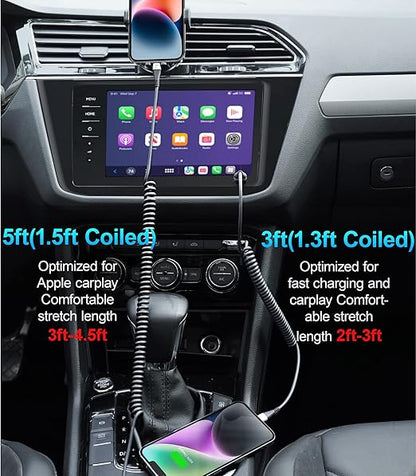 iPhone Charger Cable for Car (3FT/5FT), 2Pack Coiled Lightning Cable, [Apple MFi Certified] Retractable Charging Cord Compatible with iPhone 14/13/12/11 Pro Max/XS MAX/XR/XS/8/iPad/iPod/CarPlay