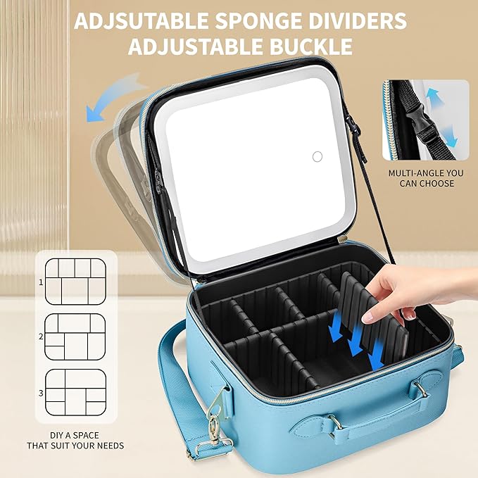 Travel Makeup Bag with LED Mirror, Cosmetic Train Case with Lighted Mirror, Waterproof Makeup Organizer Case for Brush Holder Storage, Travle Toiletry Bag for Women Gift