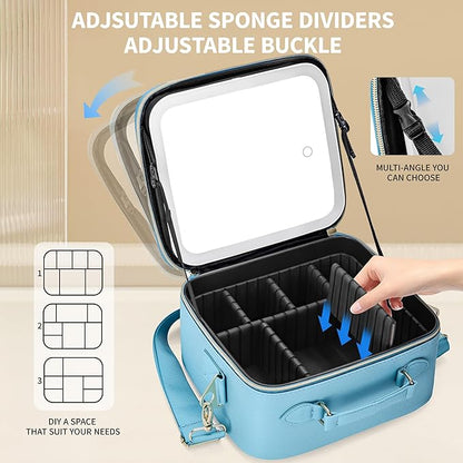 Travel Makeup Bag with LED Mirror, Cosmetic Train Case with Lighted Mirror, Waterproof Makeup Organizer Case for Brush Holder Storage, Travle Toiletry Bag for Women Gift