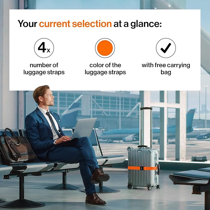 TRAVELY Luggage Straps - Particularly conspicuous & Secure - Incl. 4 Name Tags - Luggage Strap Ideal crosswise - [Set of 4]