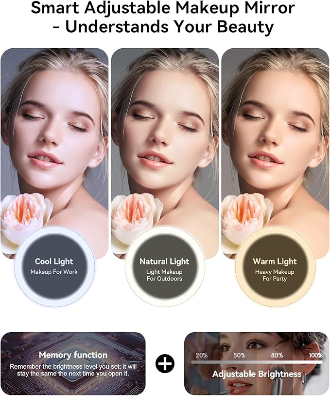 JUSRON Travel Makeup Bag With LED Mirror, Cosmetic Train Case with Light up Mirror, Portable Makeup Artist Organizer Bag with Adjustable Dividers, Makeup Brush Holder Storage (White, Large)