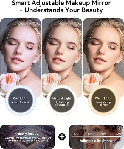 JUSRON Travel Makeup Bag With LED Mirror, Cosmetic Train Case with Light up Mirror, Portable Makeup Artist Organizer Bag with Adjustable Dividers, Makeup Brush Holder Storage (White, Large)