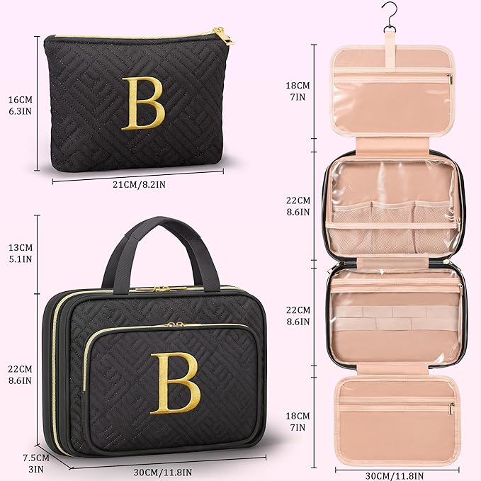 Gifts for Women, Initial Toiletry Makeup Bag Hanging Cosmetic Organizer with Embroidery Letter Personalized Nurse Teacher Appreciation Gift Birthday Christmas Gifts for Mom Sister Wife Friend Auntie