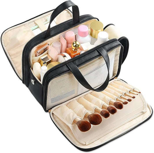 Large Travel Toiletry Bag with Makeup Brush Holder, 25 Pockets, Double Reinforced Handles & Luggage Sleeve, Waterproof PU Leather Cosmetic Organizer (Black)