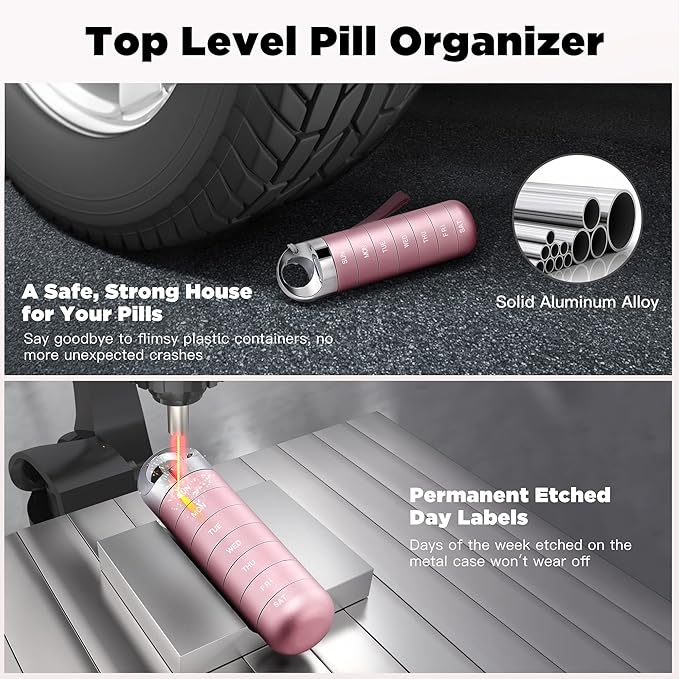Zannaki Metal Travel Pill Organizer, Portable Waterproof Weekly Pill Box, Large Aluminum Alloy Container, BPA Free 7 Day Daily Medicine Organizer Holder for Vitamin, Fish Oil, Supplement