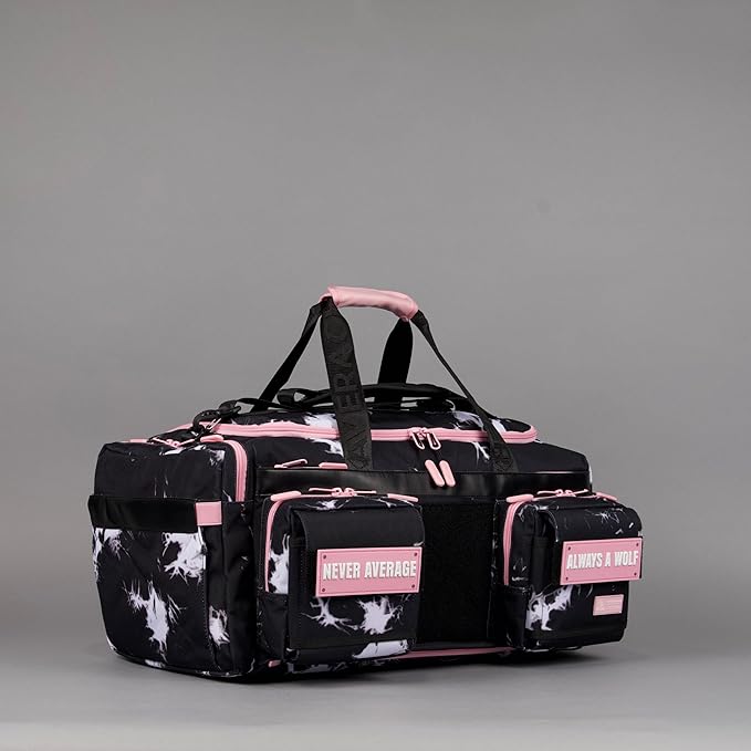 WOLFpak Ultimate 40L Gym & Travel Duffle Bag | Heavy-Duty Gear Bag w/Durable Waterproof 1000D Oxford Material | Hard Shell Base, Laptop Sleeve, Custom Patch Options | (Black Lightning Knockout Pink)