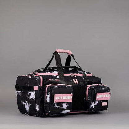WOLFpak Ultimate 40L Gym & Travel Duffle Bag | Heavy-Duty Gear Bag w/Durable Waterproof 1000D Oxford Material | Hard Shell Base, Laptop Sleeve, Custom Patch Options | (Black Lightning Knockout Pink)
